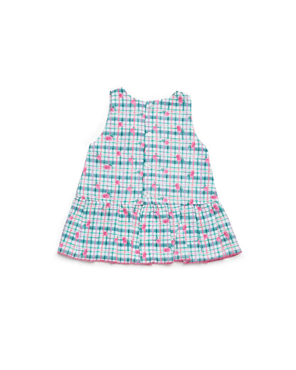 Vestido cuadros verdes/cerezas con 2 moños rosas