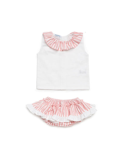 Conjunto blusa Blanca falda blanca rayas rosas