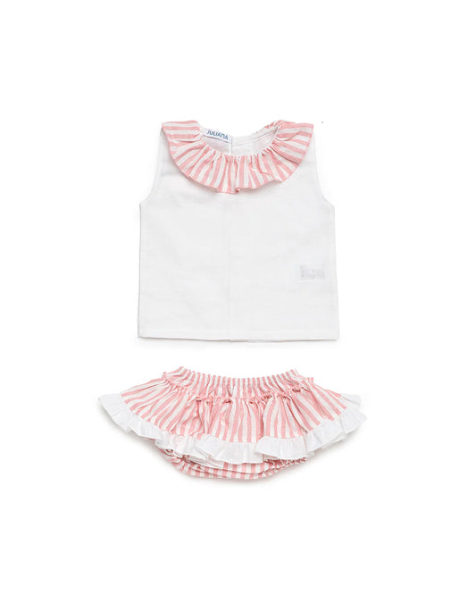Conjunto blusa Blanca falda blanca rayas rosas