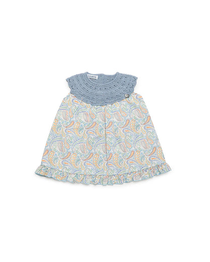 Vestido Azul Cielo Cuello Tejido Falda Estampada