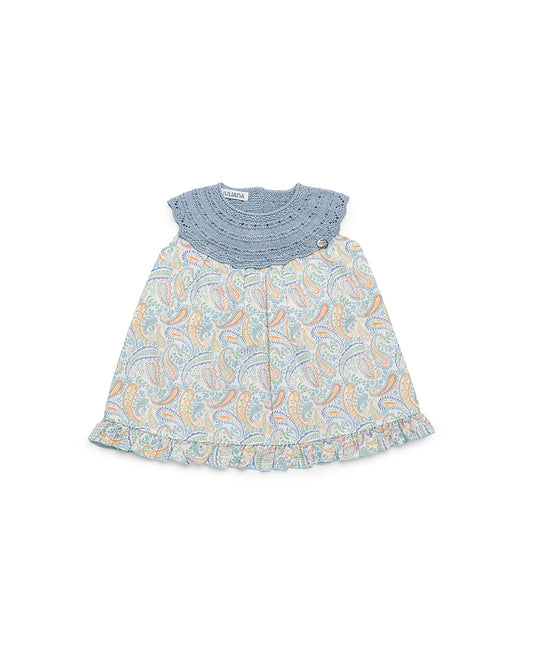 Vestido Azul Cielo Cuello Tejido Falda Estampada