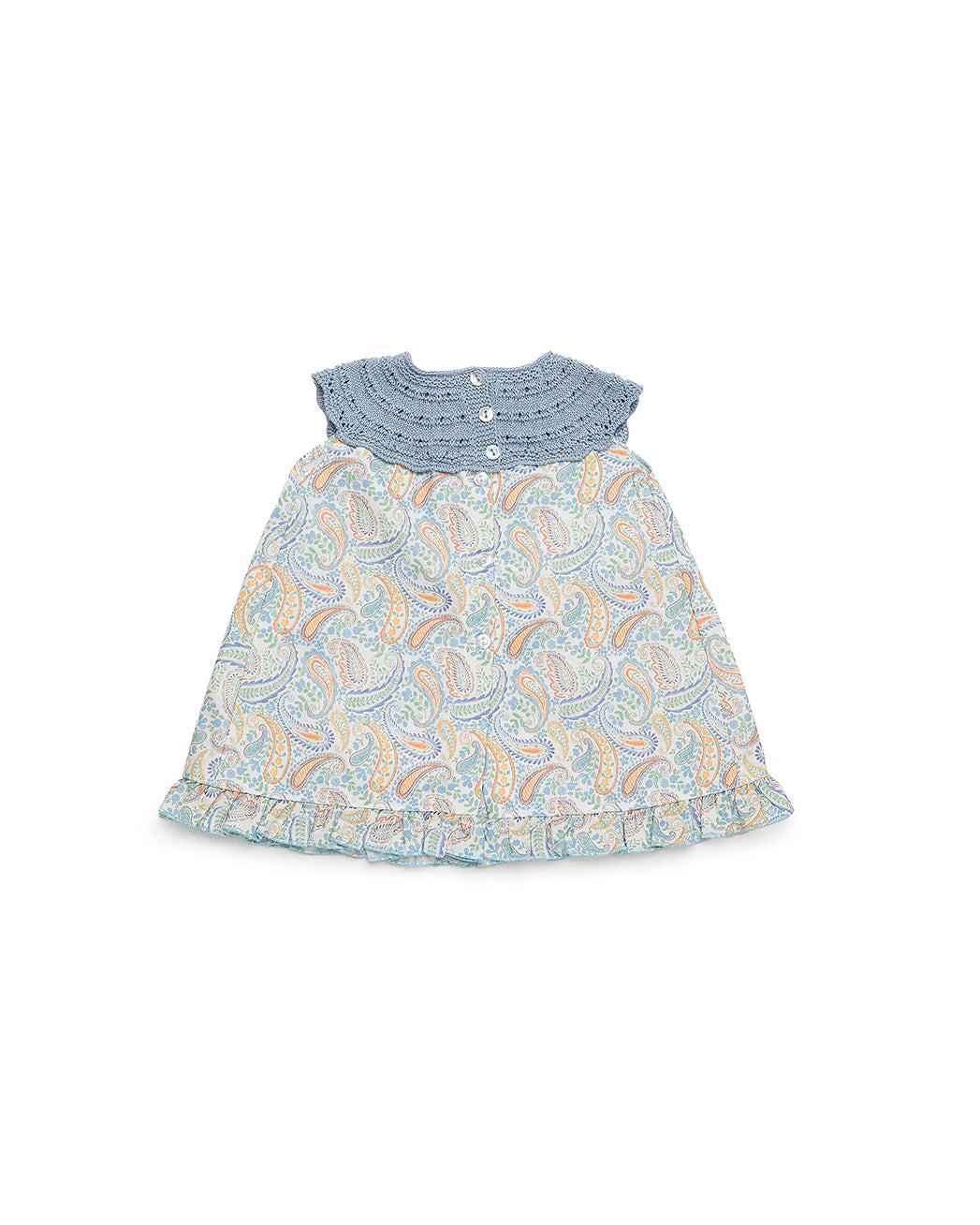 Vestido Azul Cielo Cuello Tejido Falda Estampada