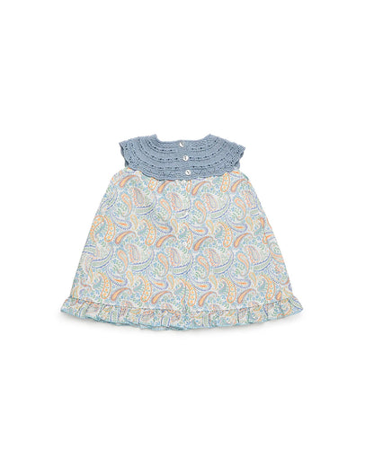 Vestido Azul Cielo Cuello Tejido Falda Estampada