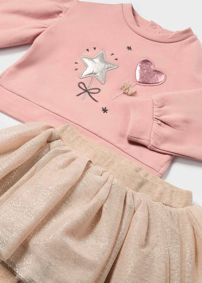 conjunto 2`piezas  sueter rosa y leggins con tutu oro