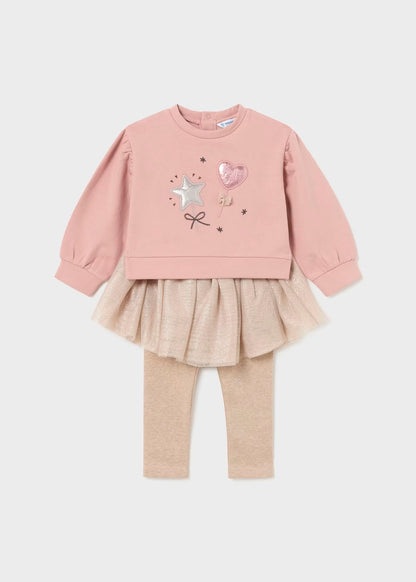 conjunto 2`piezas  sueter rosa y leggins con tutu oro