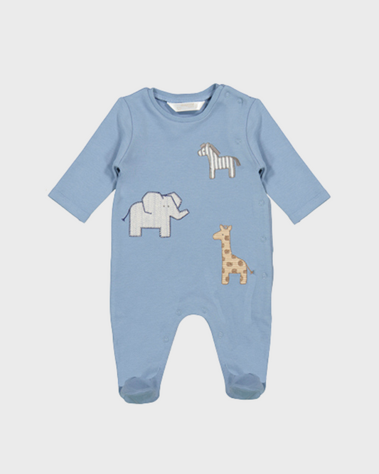 Pelele manga larga jirafas y elefantes color azul