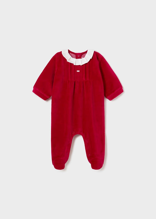 pelele rojo carmín, cuello volado, para niña
