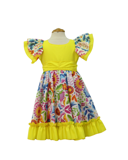 VESTIDO ADELITA TIPICO PATRIO ELEGANTE PETO AMARILLO FALDA  FLORES BLANCA