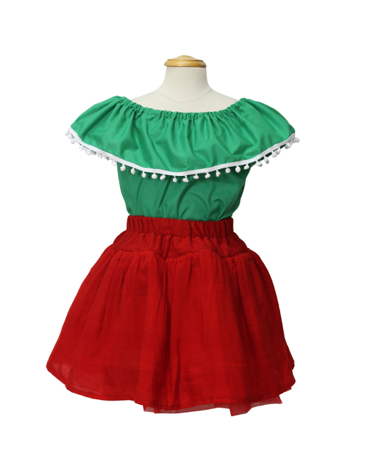 SET PATRIO TUTU CON BLUSA CAMPESINA ROJA POMPON BLANCO, FALDA ROJA CAMBAYA