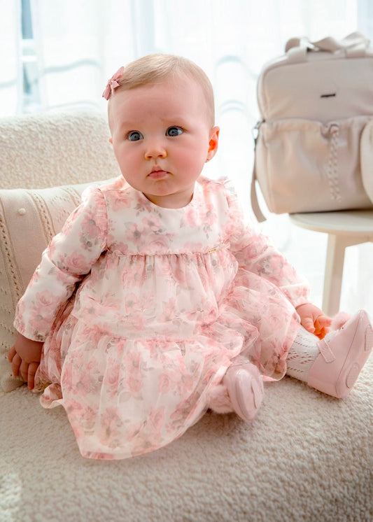 vestido manga larga tul, estampado floral