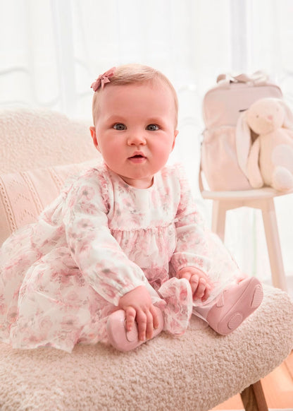 vestido manga larga tul, estampado floral