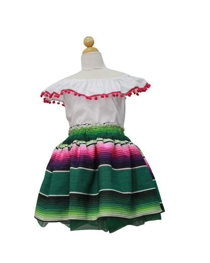 SET PATRIO TUTU CON BLUSA CAMPESINA BLANCA POMPON ROSA, FALDA RAYAS