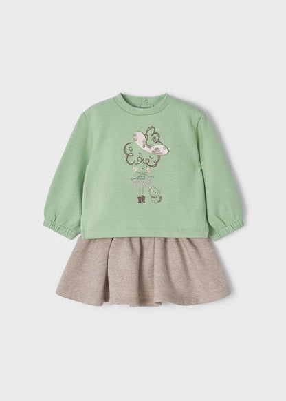 conjunto blusa verde aloe con falda arena brillos, mayoral