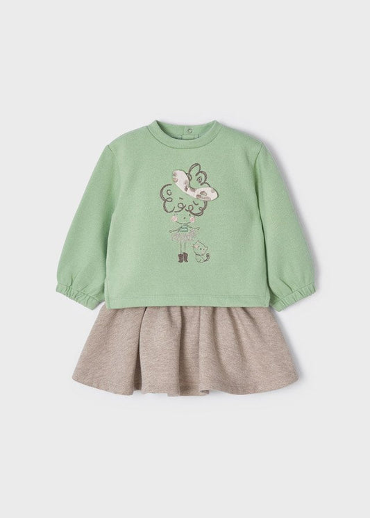 conjunto blusa verde aloe con falda arena brillos, mayoral