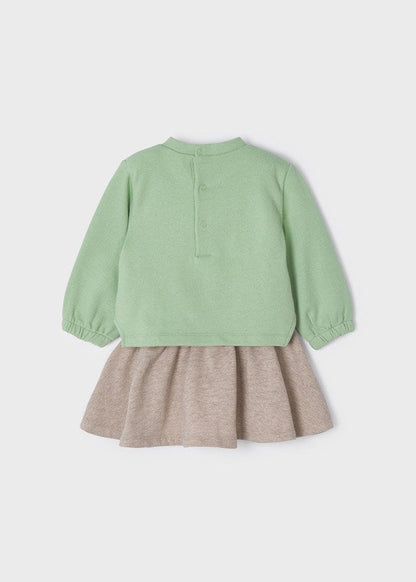 conjunto blusa verde aloe con falda arena brillos, mayoral