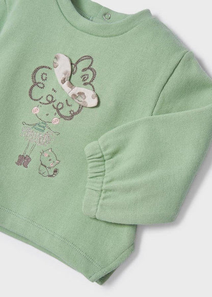 conjunto blusa verde aloe con falda arena brillos, mayoral