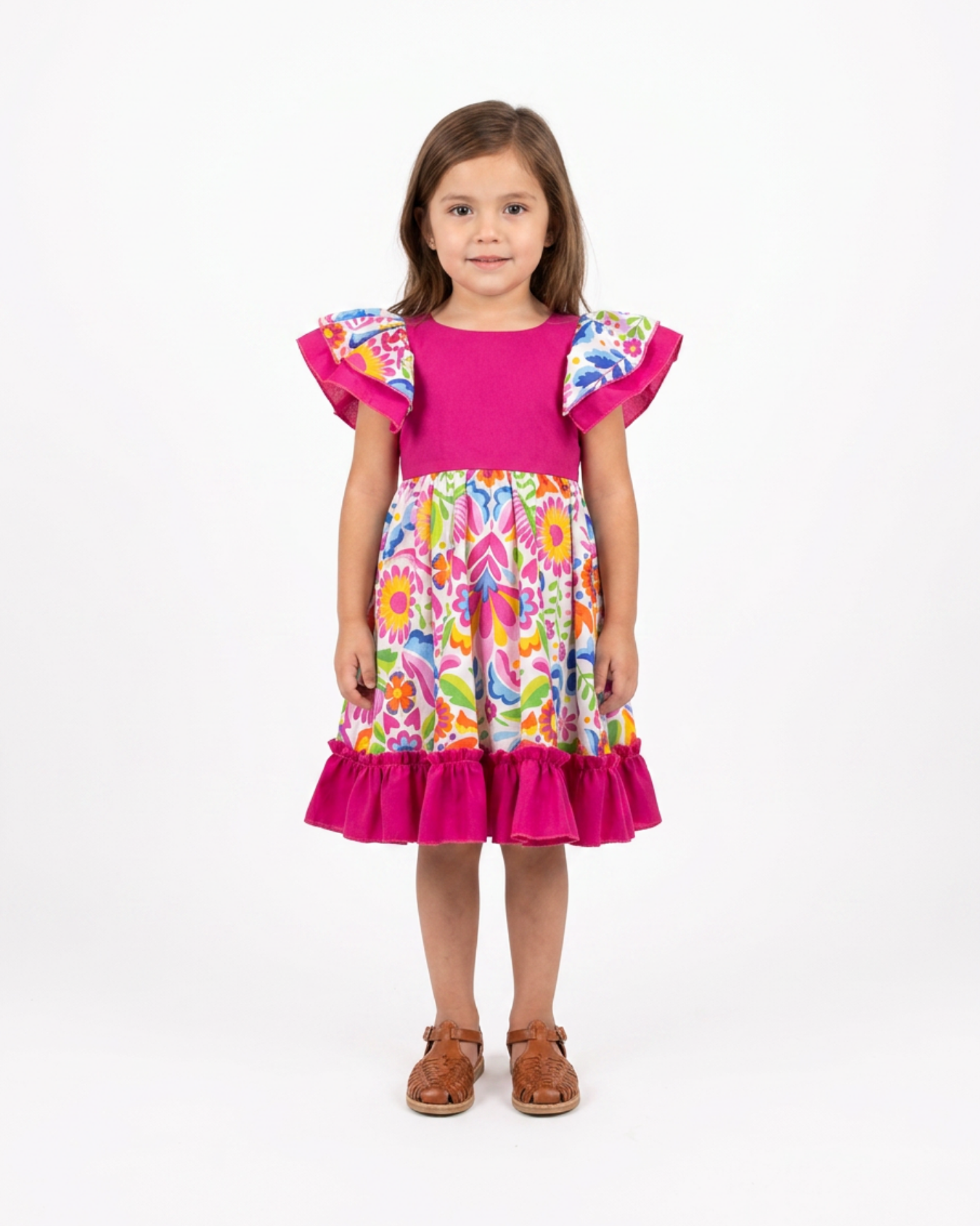 VESTIDO ADELITA TIPICO PATRIO ELEGANTE PETO ROSA MEX. FALDA  FLORES BLANCA