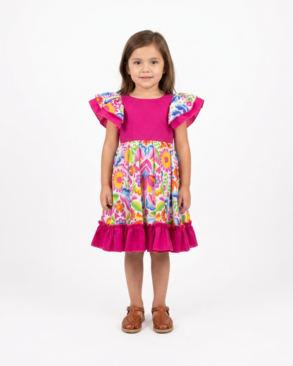 VESTIDO ADELITA TIPICO PATRIO ELEGANTE PETO ROSA MEX. FALDA  FLORES BLANCA