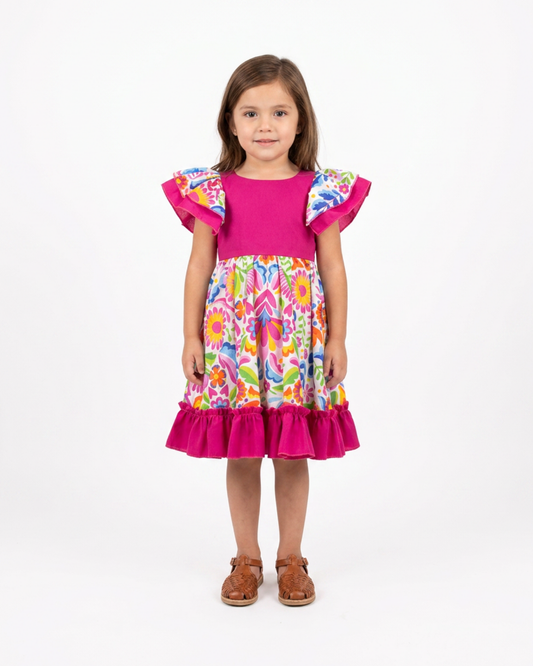 VESTIDO ADELITA TIPICO PATRIO ELEGANTE PETO ROSA MEX. FALDA  FLORES BLANCA