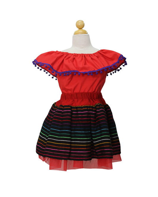 SET PATRIO TUTU CON BLUSA CAMPESINA ROSA MEXICANO POMPON MORADO, FALDA RAYAS CAMBAYA