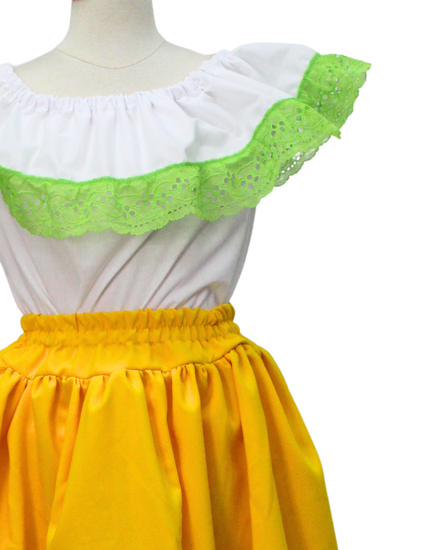 SET FALDA ADELITA AMARILLO CANARIO BLUSA MANGA CAMPESINA ENCAJE VERDE