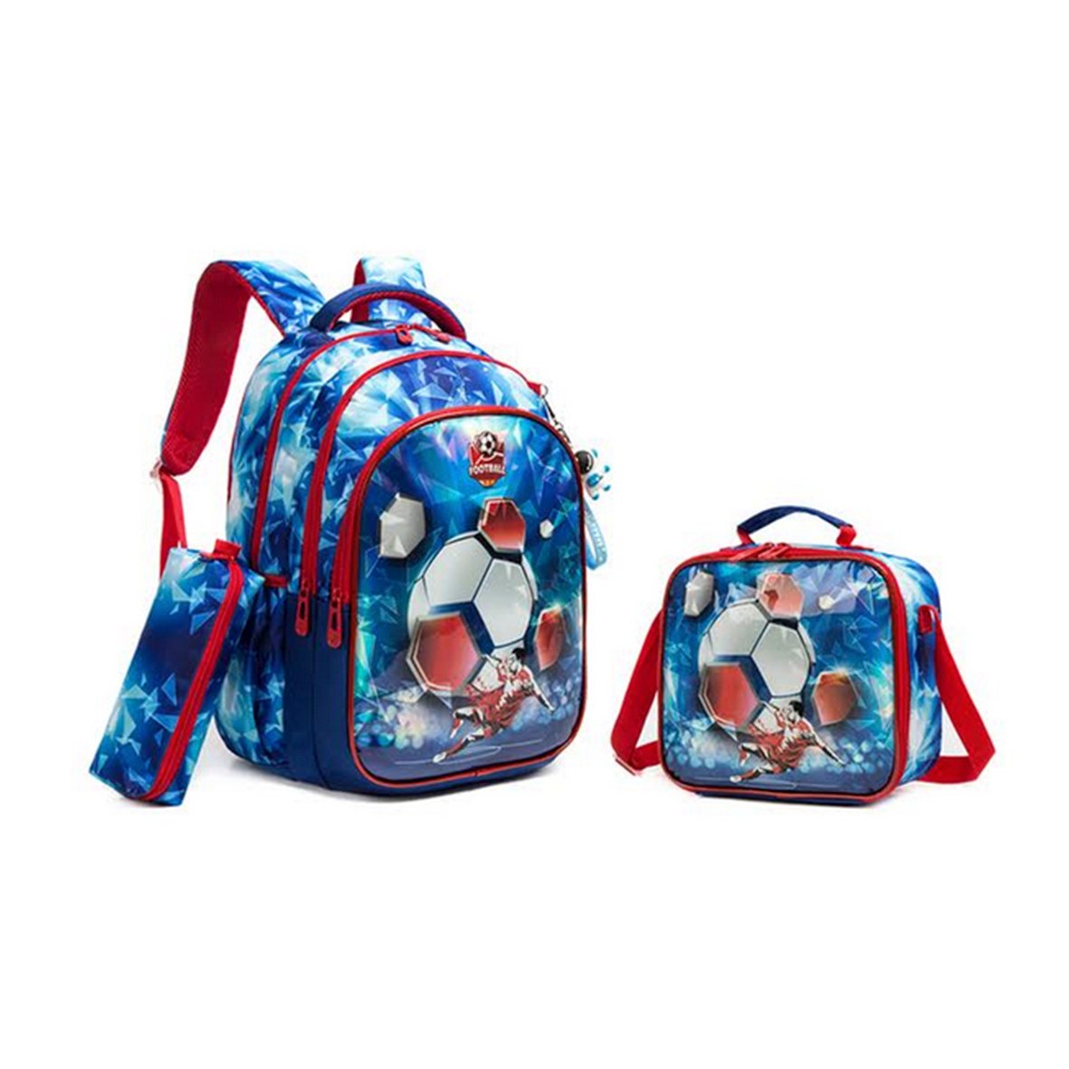 set de mochila, lonchera y lapicera tema pelotas de fútbol