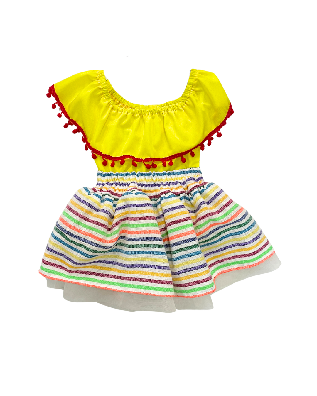 SET PATRIO TUTU CON BLUSA CAMPESINA AMARILLA POMPON ROJO, FALDA CAMBAYA RAYAS