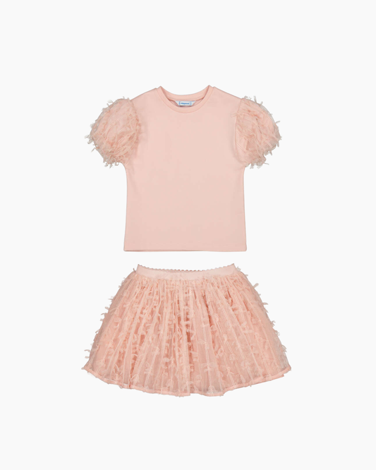 Set falda tul rosa, blusa manga bombacha, mayoral