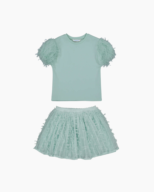 Set falda tul verde, blusa manga bombacha, mayoral