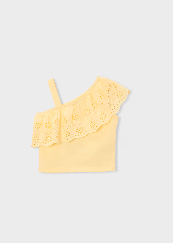 Camiseta de tirantes con volante vainilla