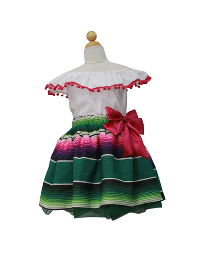 SET PATRIO TUTU CON BLUSA CAMPESINA BLANCA POMPON ROSA, FALDA RAYAS
