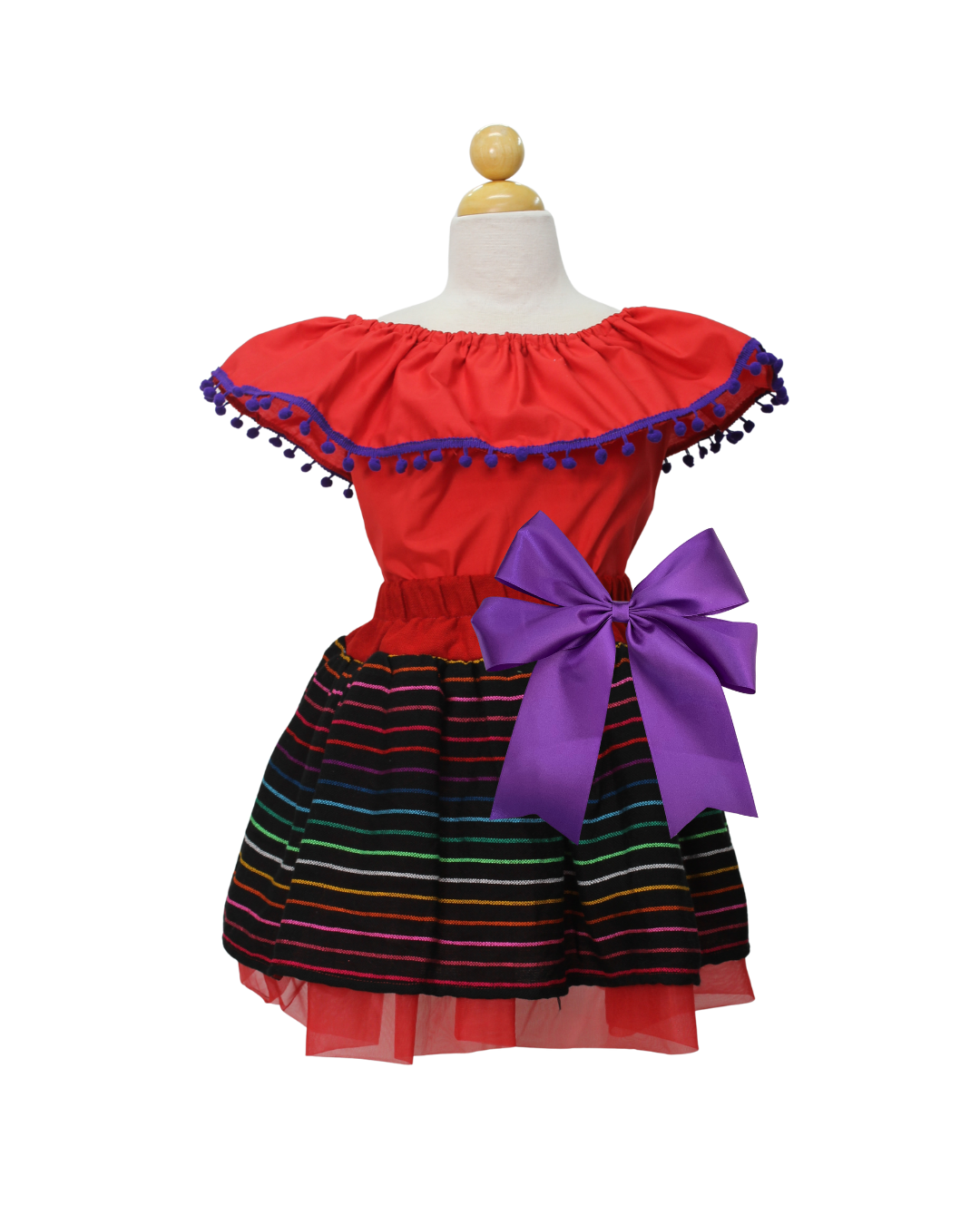 SET PATRIO TUTU CON BLUSA CAMPESINA ROSA MEXICANO POMPON MORADO, FALDA RAYAS CAMBAYA