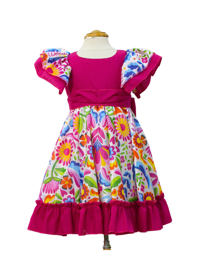 VESTIDO ADELITA TIPICO PATRIO ELEGANTE PETO ROSA MEX. FALDA  FLORES BLANCA