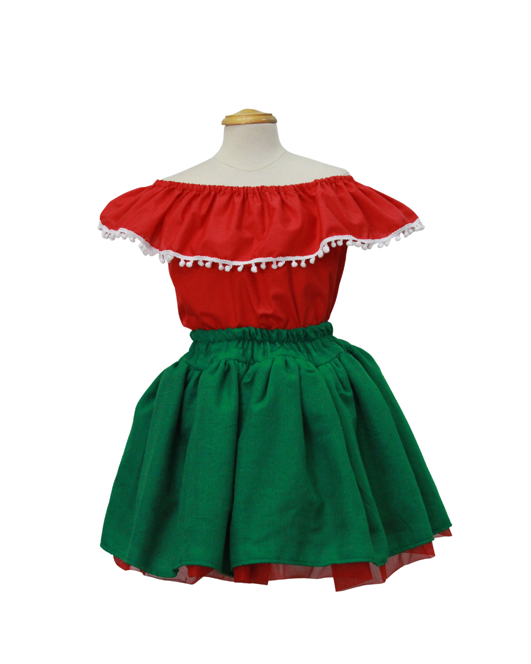 SET PATRIO TUTU CON BLUSA CAMPESINA ROJA POMPON ROSA, FALDA VERDE CAMBAYA