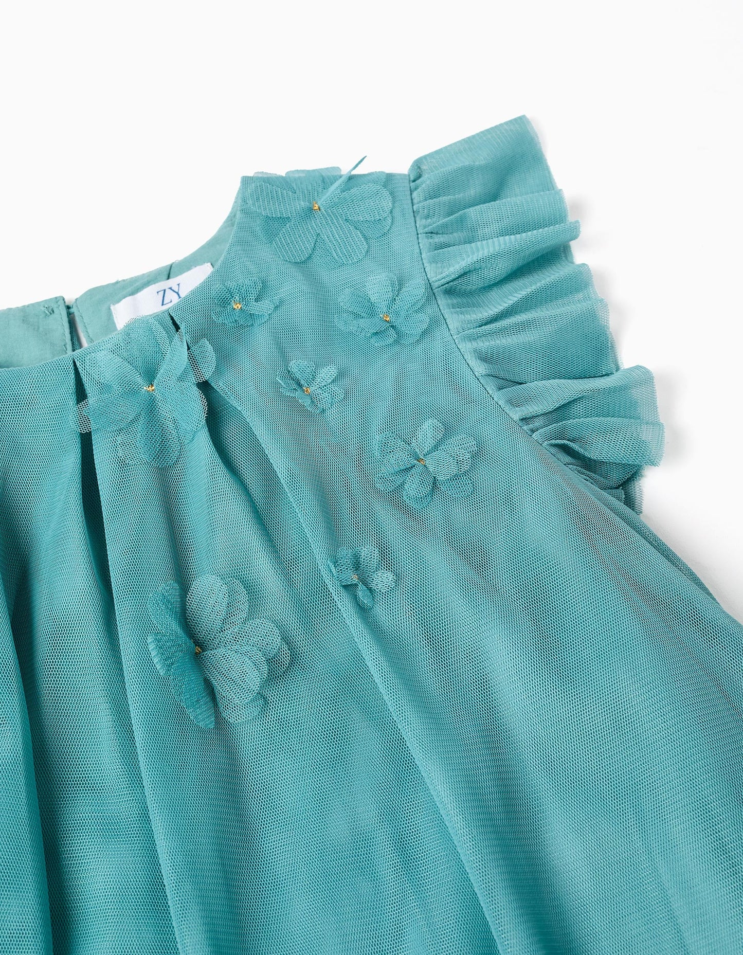 Vestido tul azul 8 flores 3D manga ruffle
