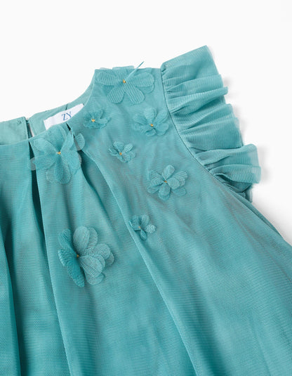 Vestido tul azul 8 flores 3D manga ruffle