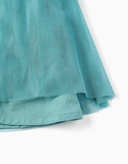 Vestido tul azul 8 flores 3D manga ruffle
