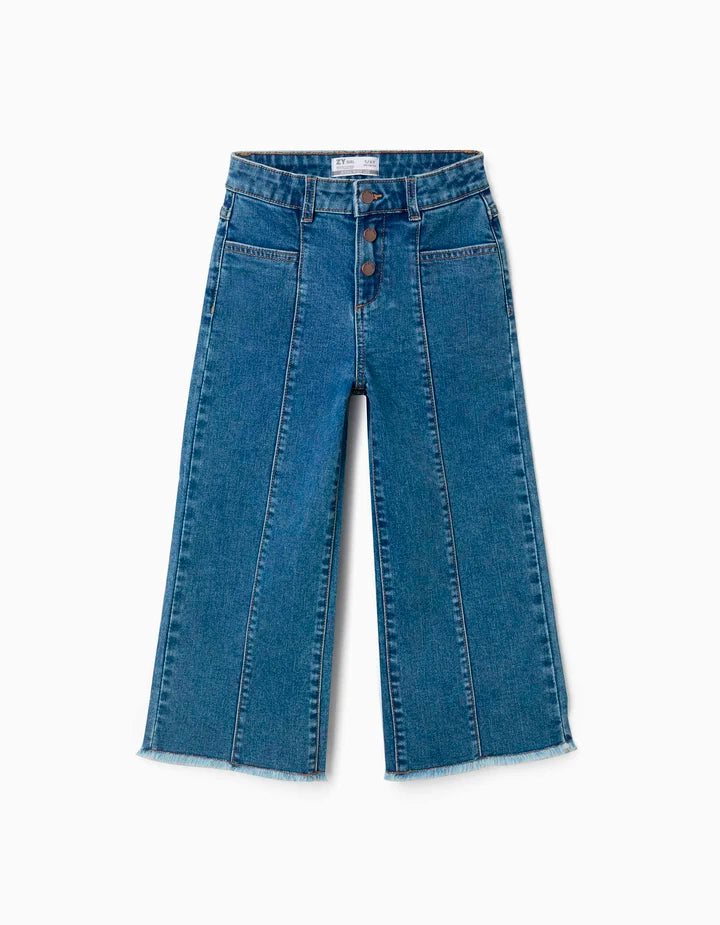 1 / 3 Vaqueros de pierna ancha con dobladillos deshilachados para niña, azul