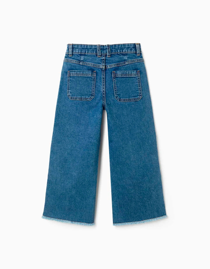 1 / 3 Vaqueros de pierna ancha con dobladillos deshilachados para niña, azul