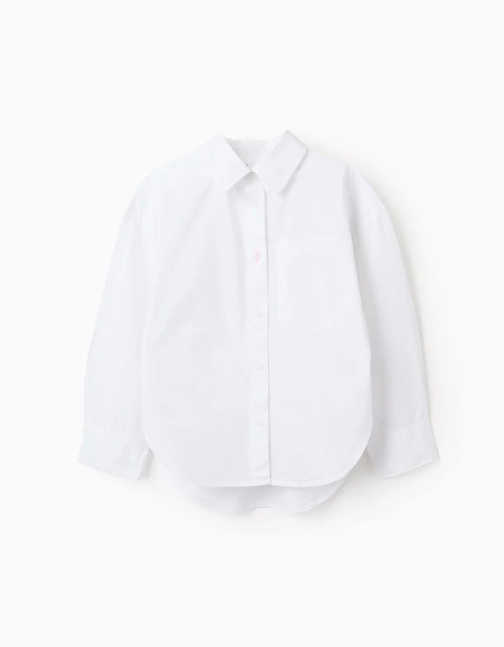 Camisa de manga larga de popelina con hombros caídos para niña, blanco