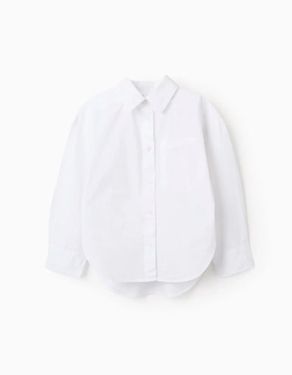 Camisa de manga larga de popelina con hombros caídos para niña, blanco
