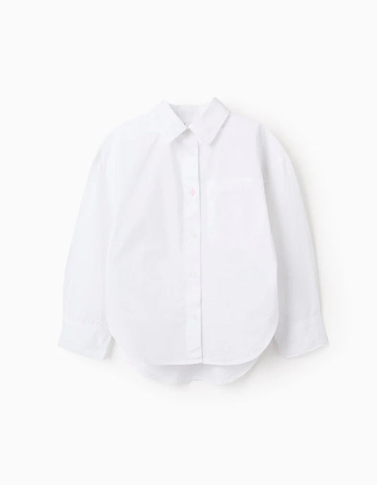 Camisa de manga larga de popelina con hombros caídos para niña, blanco