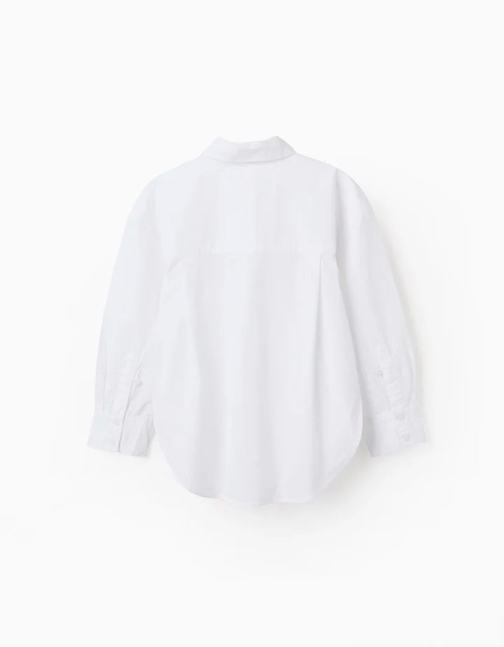 Camisa de manga larga de popelina con hombros caídos para niña, blanco