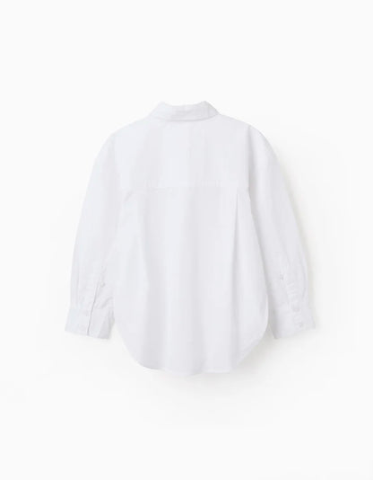 Camisa de manga larga de popelina con hombros caídos para niña, blanco