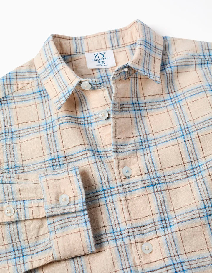 Camisa de manga larga de algodón a cuadros para niño, beige/azul/marrón