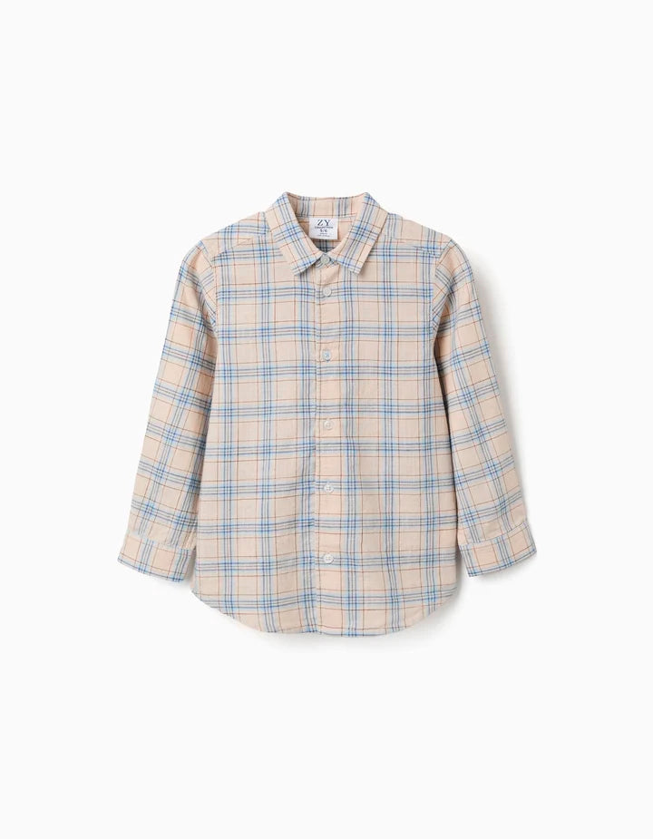 Camisa de manga larga de algodón a cuadros para niño, beige/azul/marrón