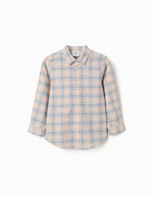 Camisa de manga larga de algodón a cuadros para niño, beige/azul/marrón