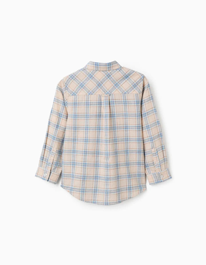Camisa de manga larga de algodón a cuadros para niño, beige/azul/marrón