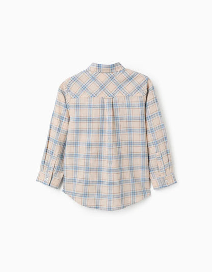 Camisa de manga larga de algodón a cuadros para niño, beige/azul/marrón