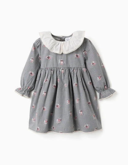 Vestido de algodón Vichy con flores para bebé niña, blanco/azul marino